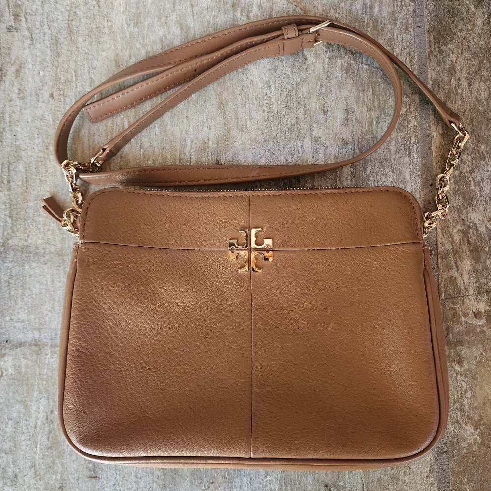 Authentic Tory Burch  Zip Top Camel/Tan Leather  Crossbody Bag